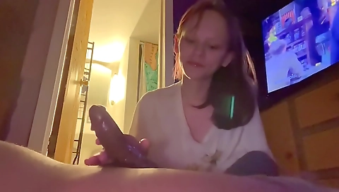 Brunette milf with big cock sucks a cock and gets pounded