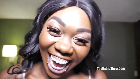 Chocolate ebony babe takes a big cock and has it in mouth