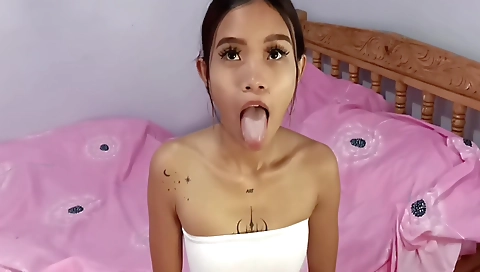 Asian girl gets a white cock in her mouth and her pussy