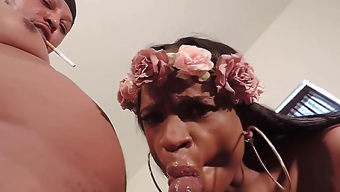 Ebony with a small booty sucks big black cock in the deepthroat