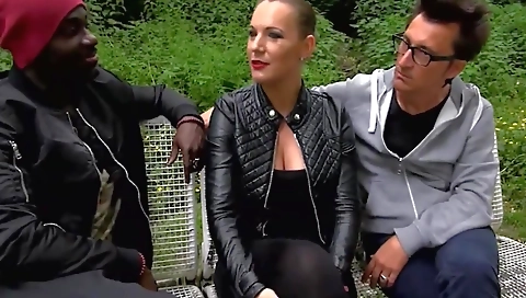 Ebony girl with a tattoo gets fucked in the outdoors