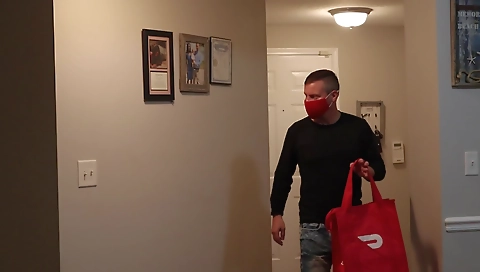 Ebony and latina girl with small tits have sex with delivery guy