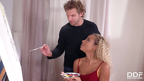 Ebony girl with a tattooed pussy sucks and gets her mouth fucked