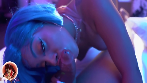 Ebony babe with a tattoo on her face gets fucked by her stepbrother