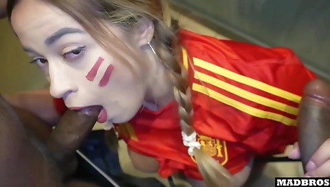 French brunette in stockings fucks a big cock in the parking