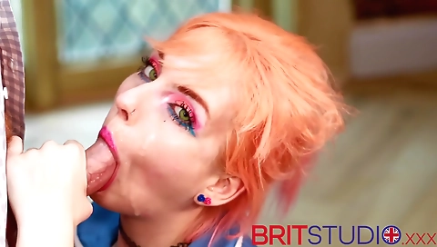 Horny british nurse gives a blowjob to a group of young men