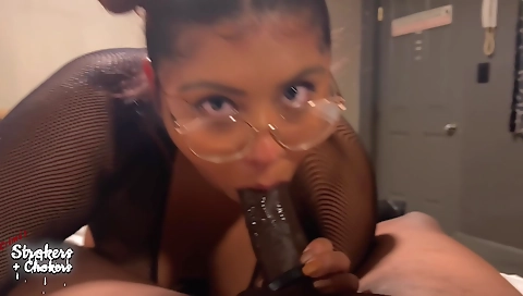 Amateur brunette enjoying deepthroat on the bed behind the camera