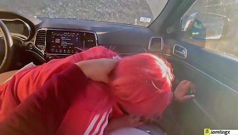 Asian babe in the car gets her big cock pounded hard