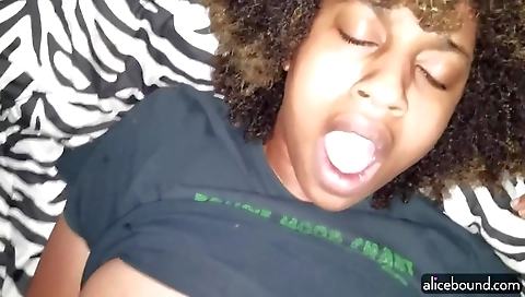 Ebony couple with hairy pussy enjoys each other's cock